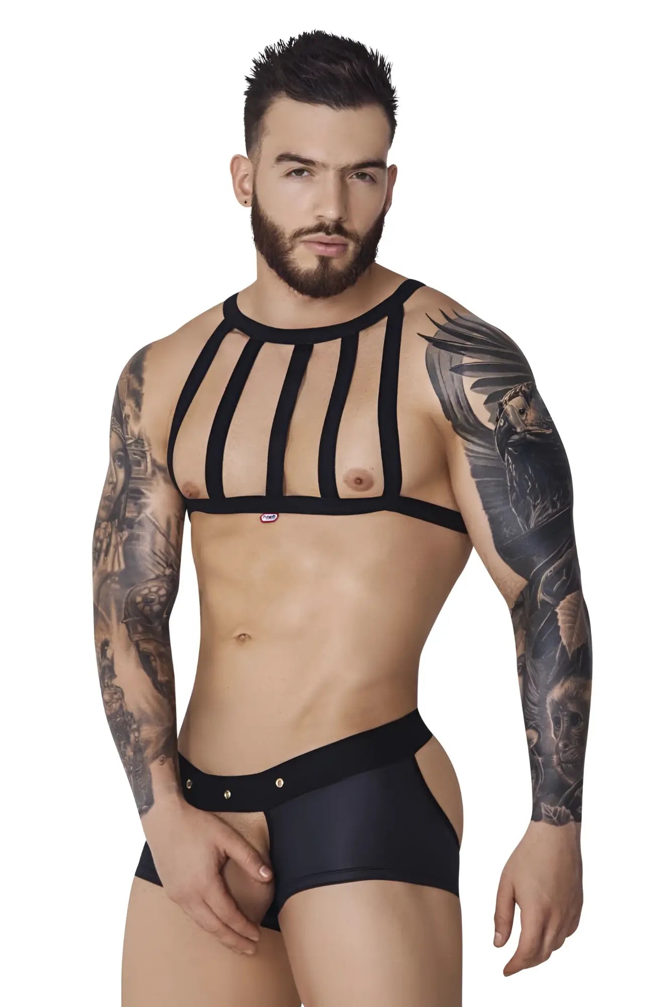 Black strappy harness top with a sleek form-fitting design from pikante pik 1086 hard harness jockstrap collection