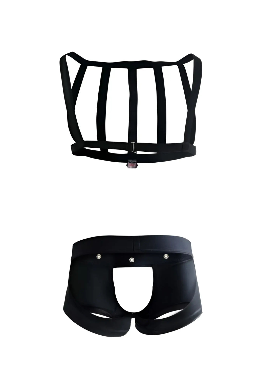 Black pikante pik 1086 hard harness jockstrap featuring structured cage top and briefs with silver hardware