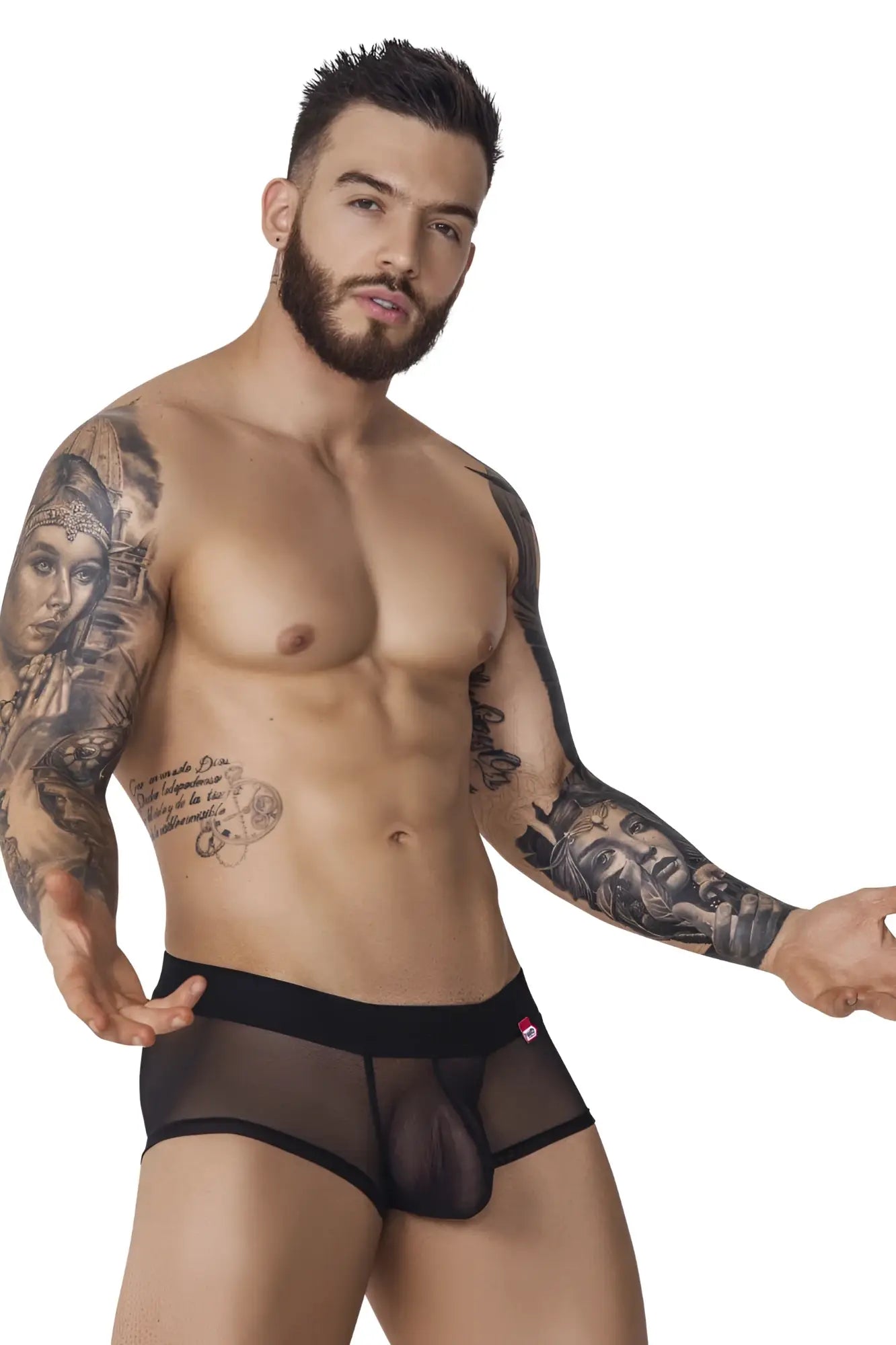 Black sheer mesh briefs with solid black waistband and red logo side detail from Pikante PIK 1090 Burly Mesh Trunks