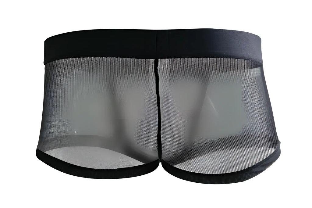 Black mesh briefs with solid black elastic waistband and trim from pikante pik 1090 burly mesh trunks collection