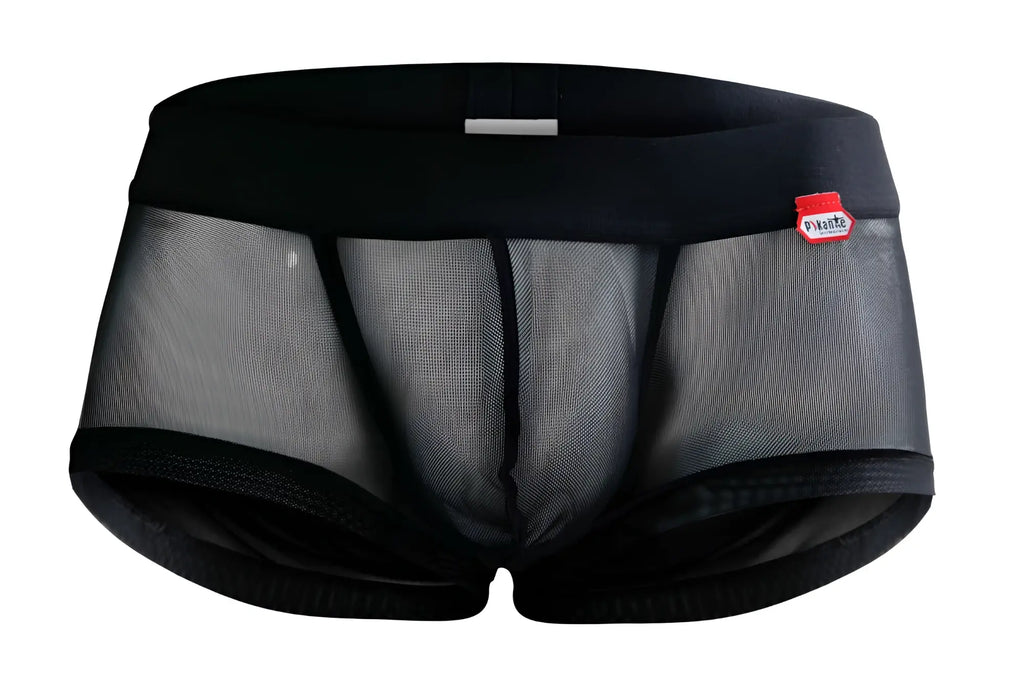 Black mesh briefs with solid waistband and leg openings featuring red pikante brand tag on the side