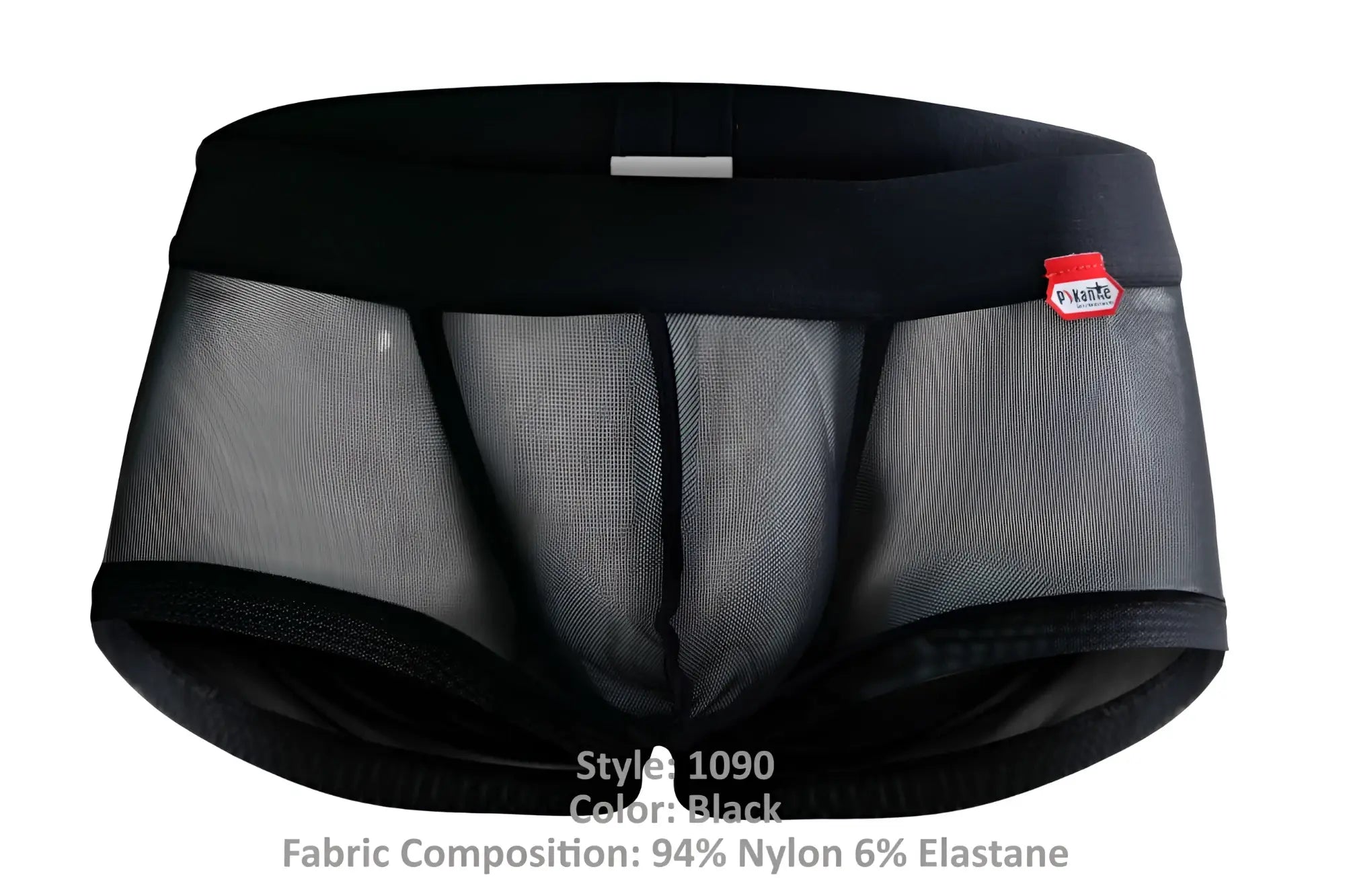 Black mesh briefs with solid waistband and trim featuring a red pikante brand tag on the side in black color