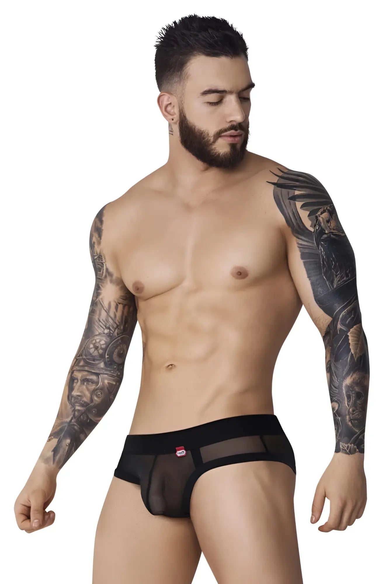 Black Pikante PIK 1091 burly mesh briefs with sheer fabric, solid waistband, and small red logo on the left side