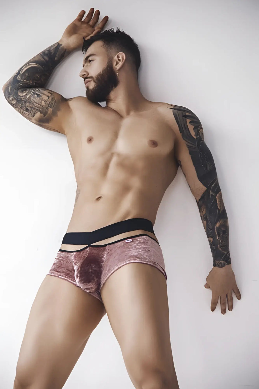Pink velvet briefs with a black elastic waistband from pikante pik 1096 clandestine velvet trunks collection