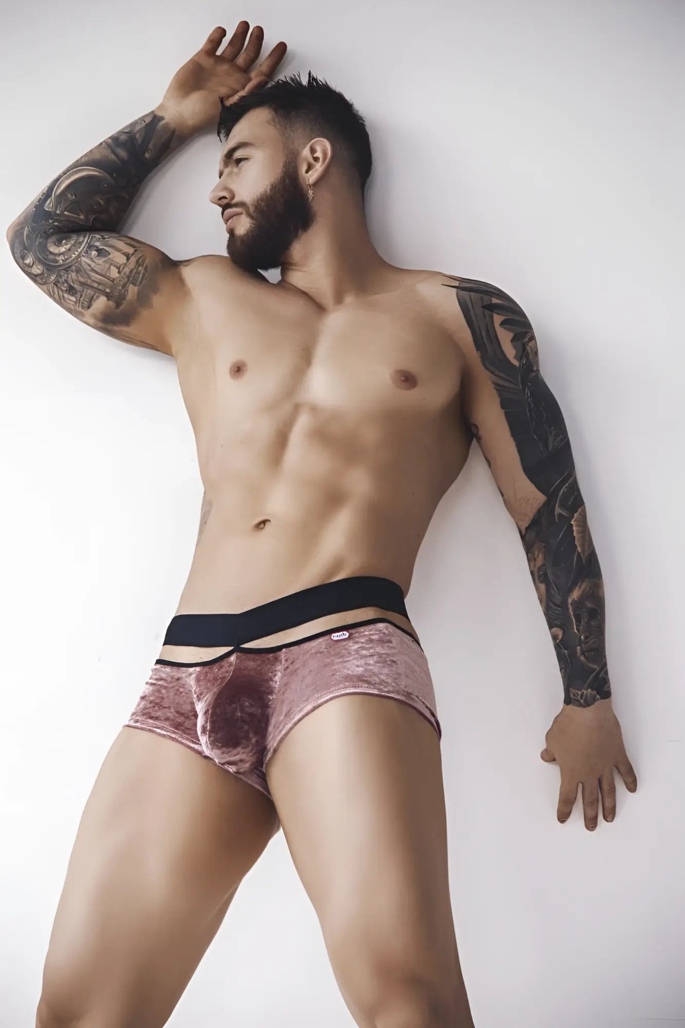 Pink velvet briefs with a black elastic waistband from pikante pik 1096 clandestine velvet trunks collection