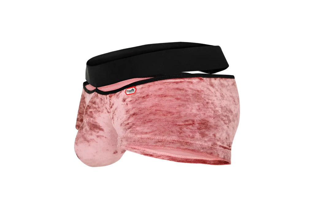 Pink velvet men’s briefs pikante pik 1096 clandestine velvet trunks with black elastic waistband front view