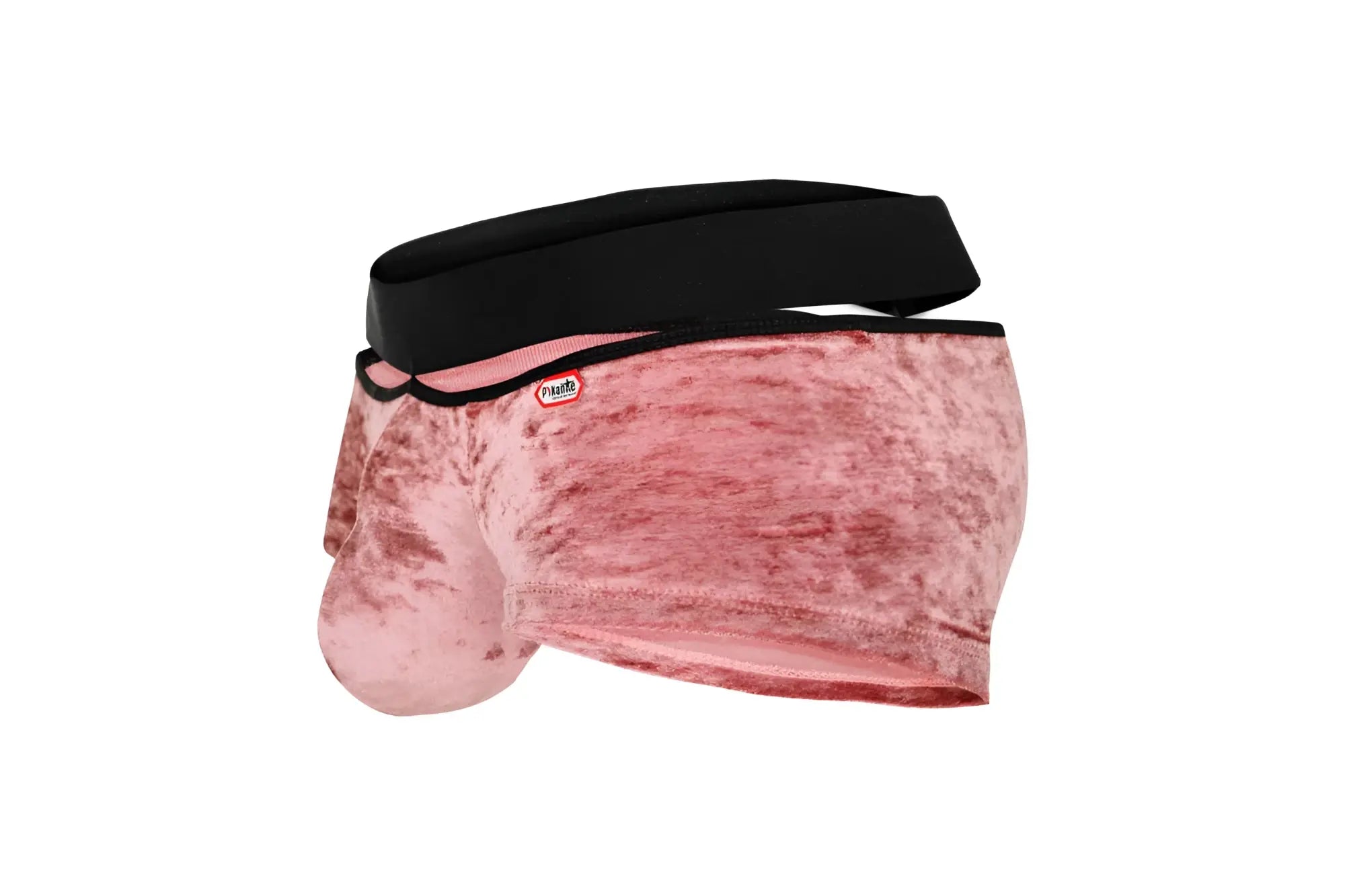 Pink velvet men’s briefs pikante pik 1096 clandestine velvet trunks with black elastic waistband front view