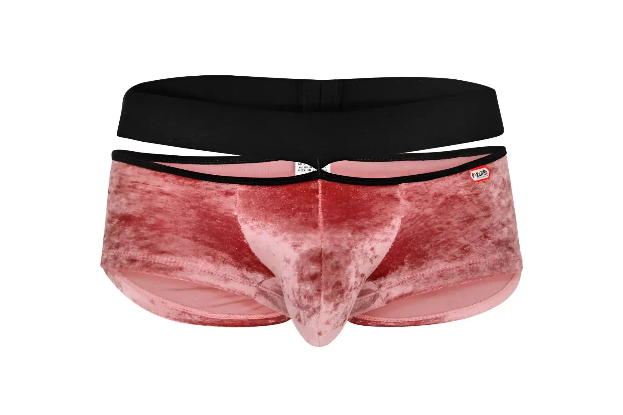 Pink velvet men’s briefs with black elastic waistband and red pikante brand tag from the pik 1096 clandestine series
