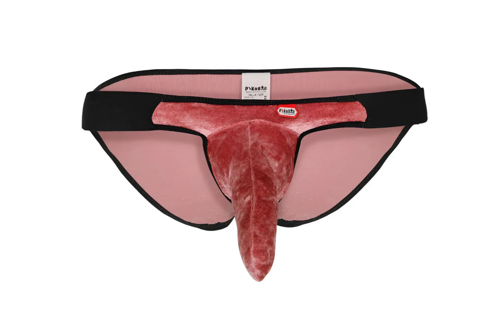 Pink velvet jockstrap with black elastic waistband and trim featuring branded label by pikante model pik 1098 clandestine bikini