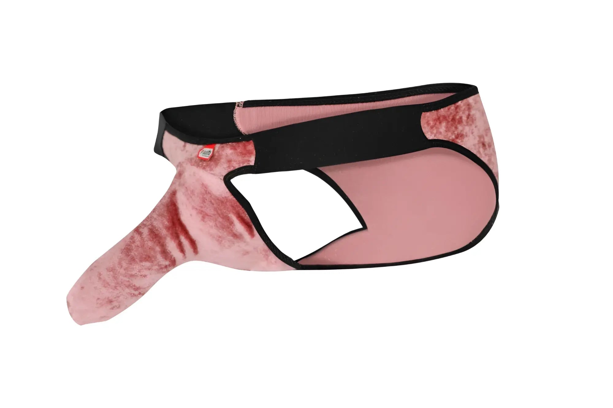 Pink velvet men’s bikini underwear with black trim and cutout design from pikante PIK 1098 clandestine velvet bikini