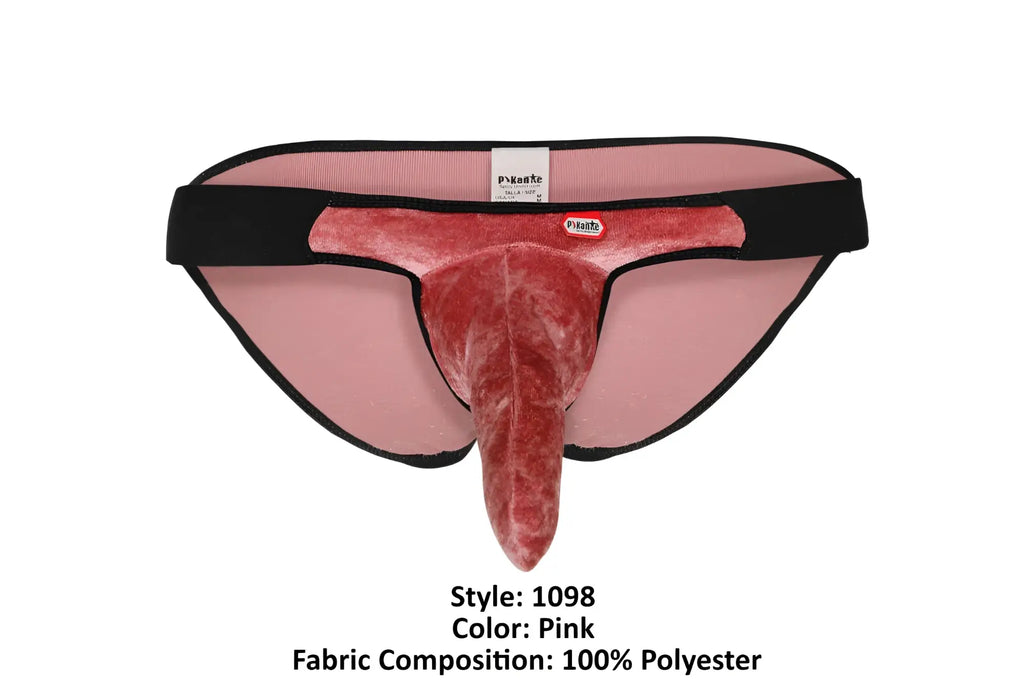 Pink velvet men’s bikini underwear with black trim and central protrusion made of 100 percent polyester by pikante