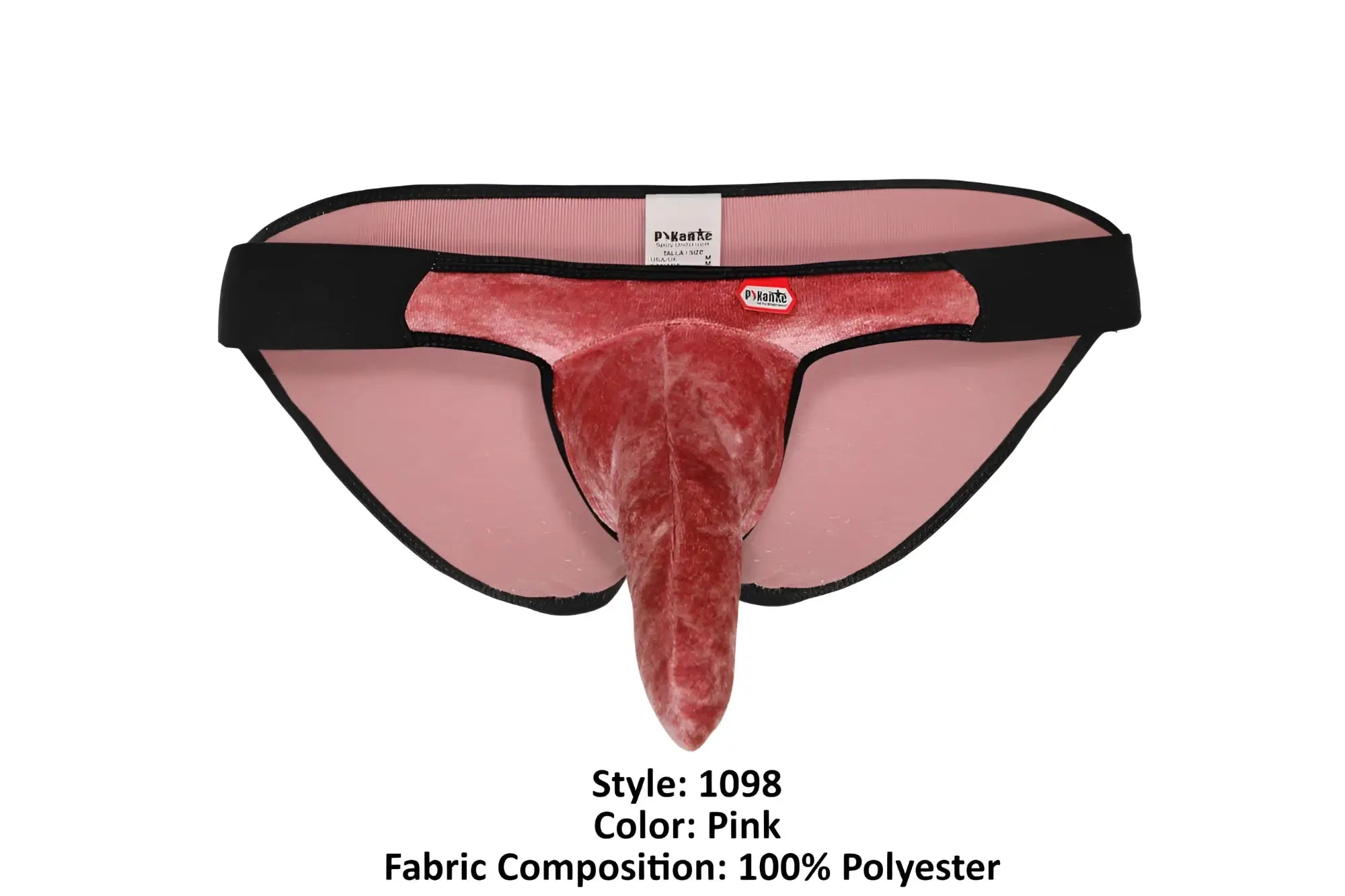 Pink velvet men’s bikini underwear with black trim and central protrusion made of 100 percent polyester by pikante