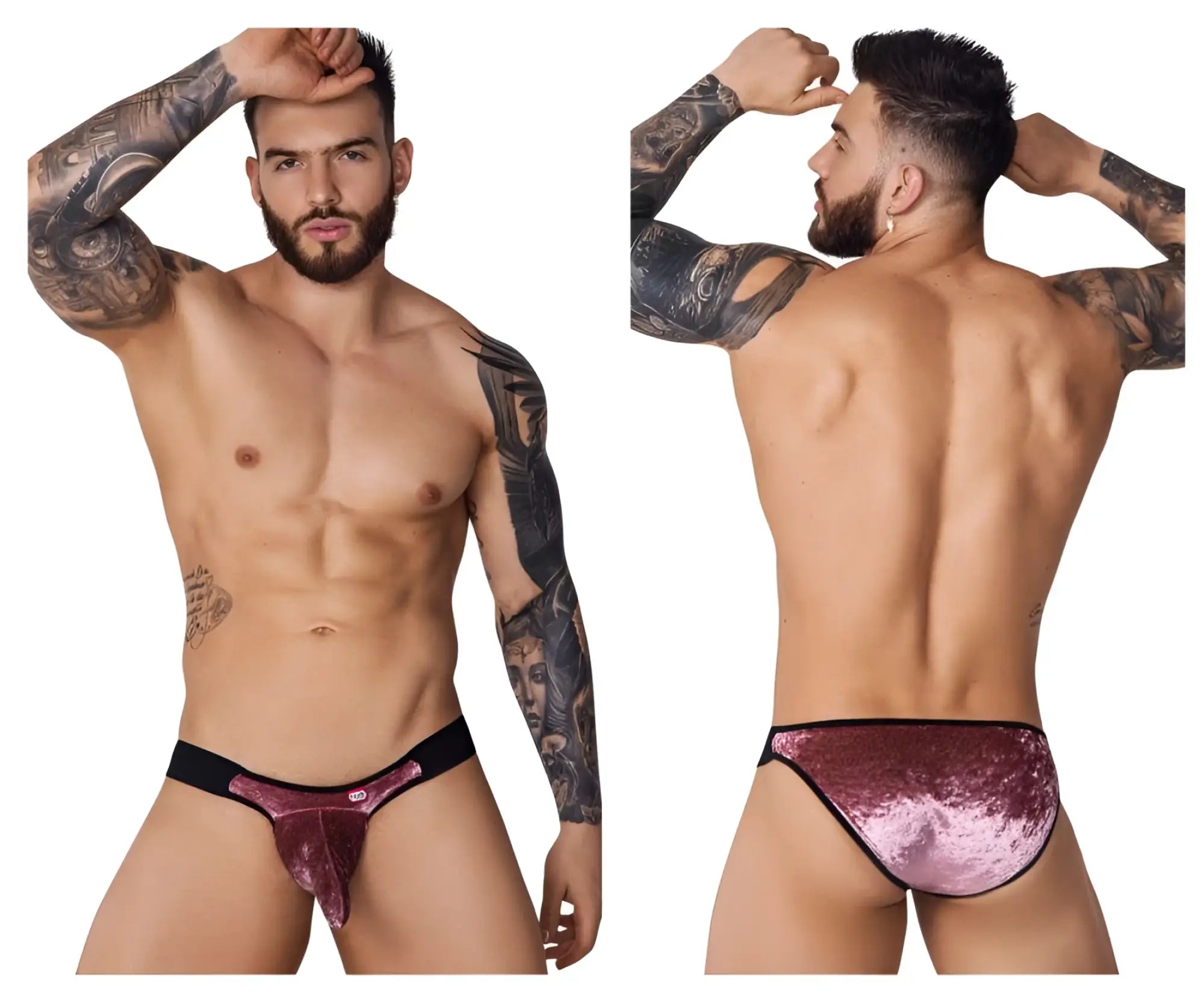 A shimmering rose gold velvet thong with black trim from pikante pik 1098 clandestine velvet bikini in pink