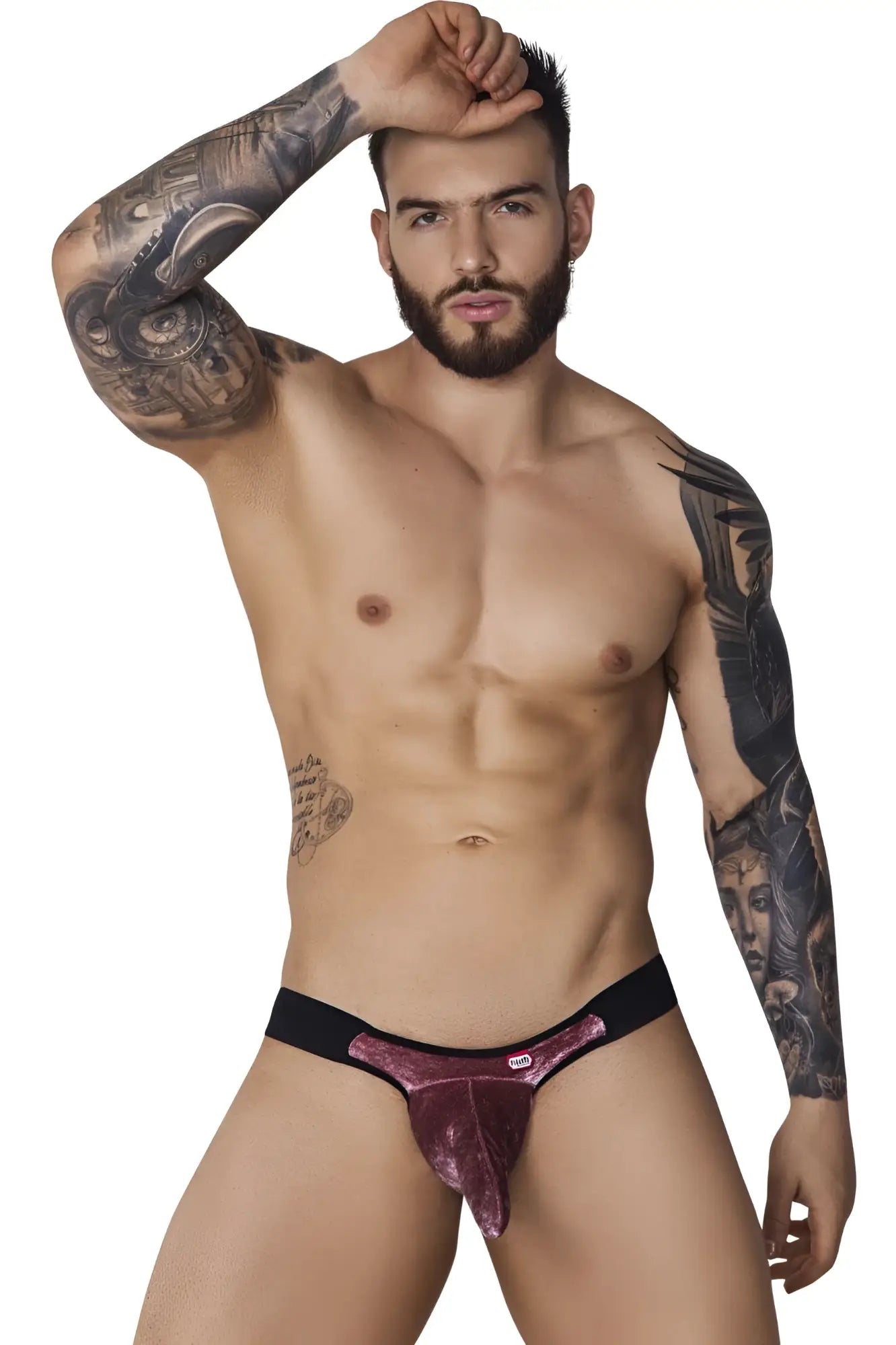 A shiny deep purple velvet thong with a black elastic waistband from Pikante PIK 1098 Clandestine velvet bikini pink collection