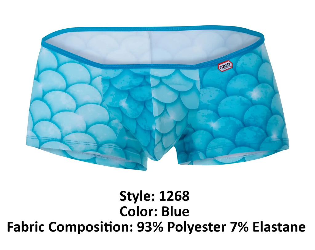Blue mermaid-scale patterned pikante roskilde trunks made from 93 polyester and 7 elastane briefs