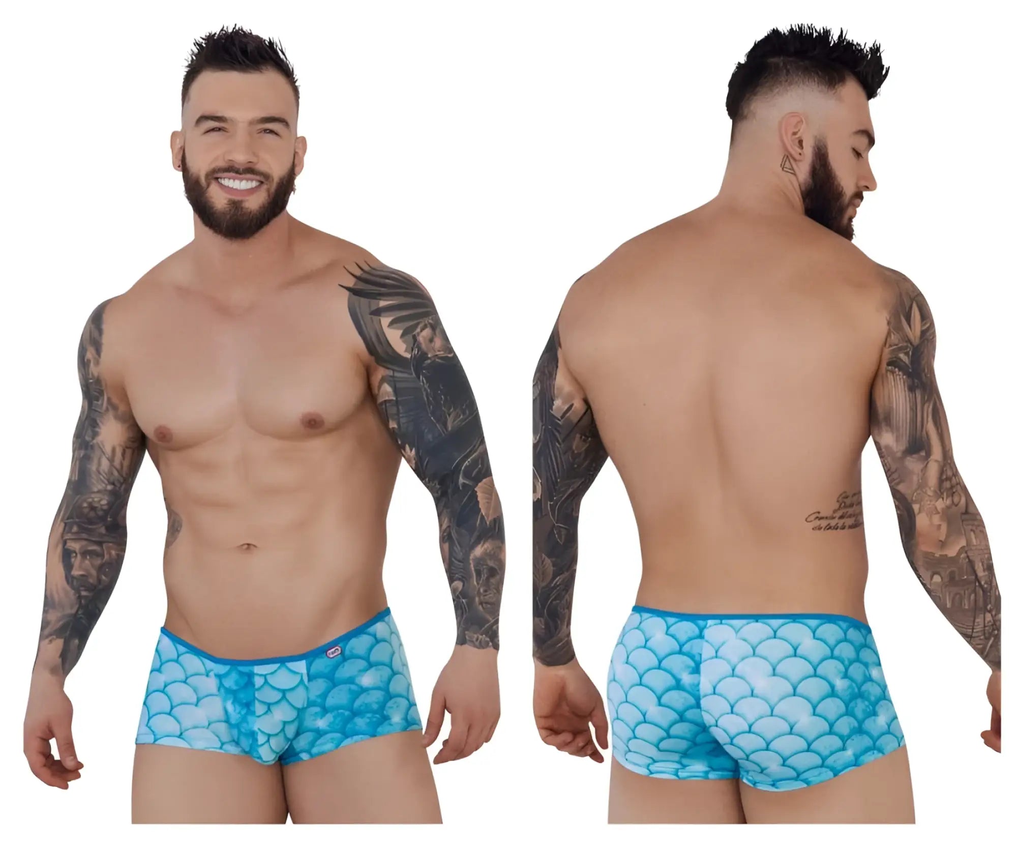 Blue mermaid-scale patterned men’s briefs pikante pik 1268 roskilde trunks in blue showcasing front view
