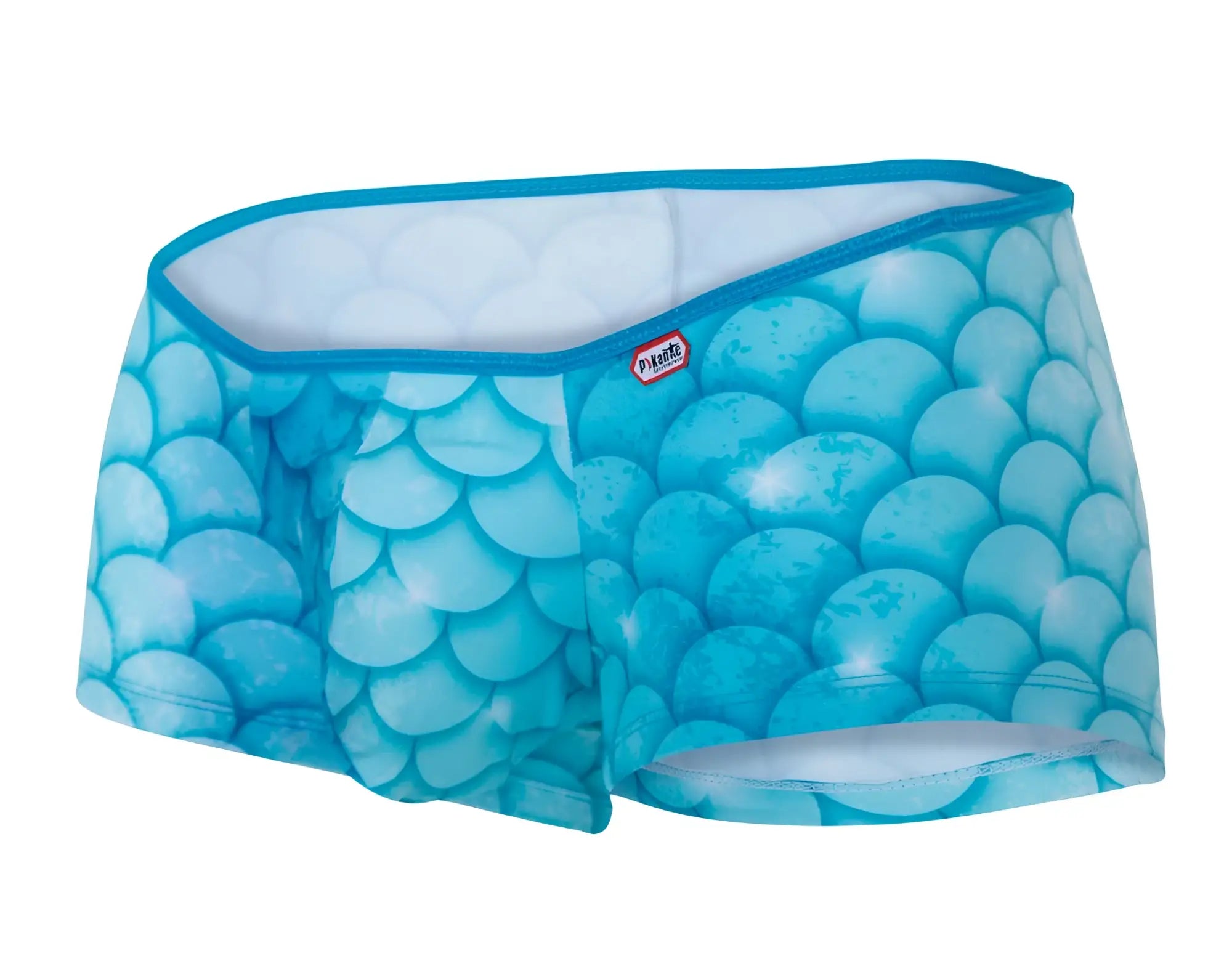 Blue mermaid-scale patterned pikante roskilde men’s briefs with white interior and teal trim