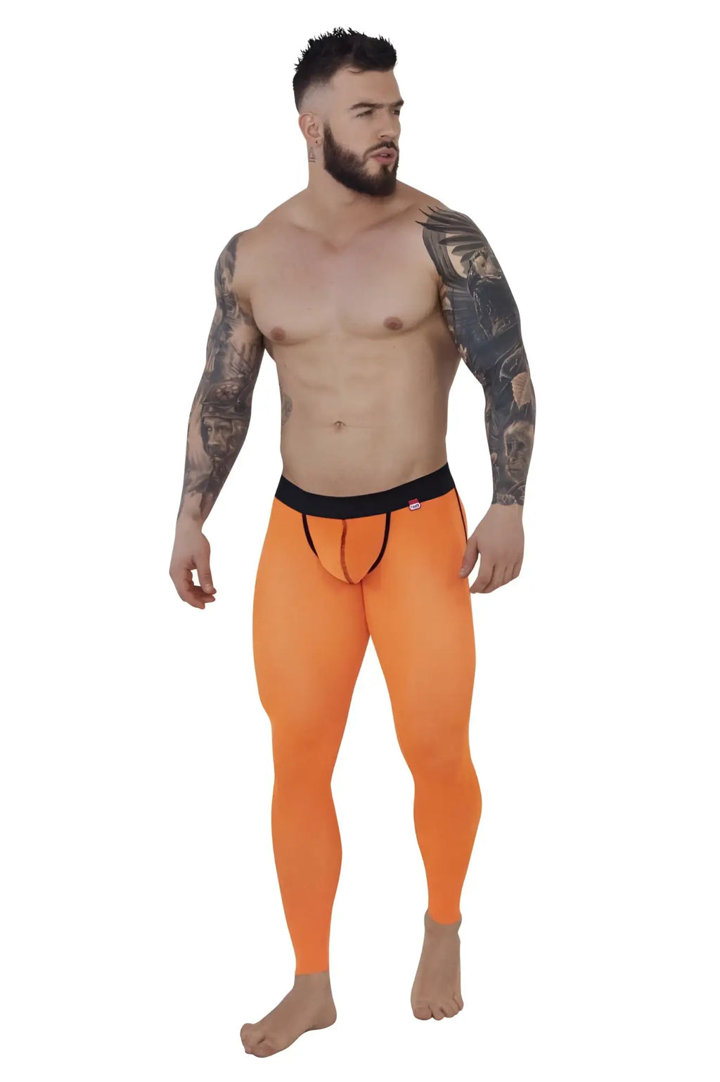 Bright orange pikante pik 1271 sonar athletic pants with black waistband and trim in form-fitting fabric