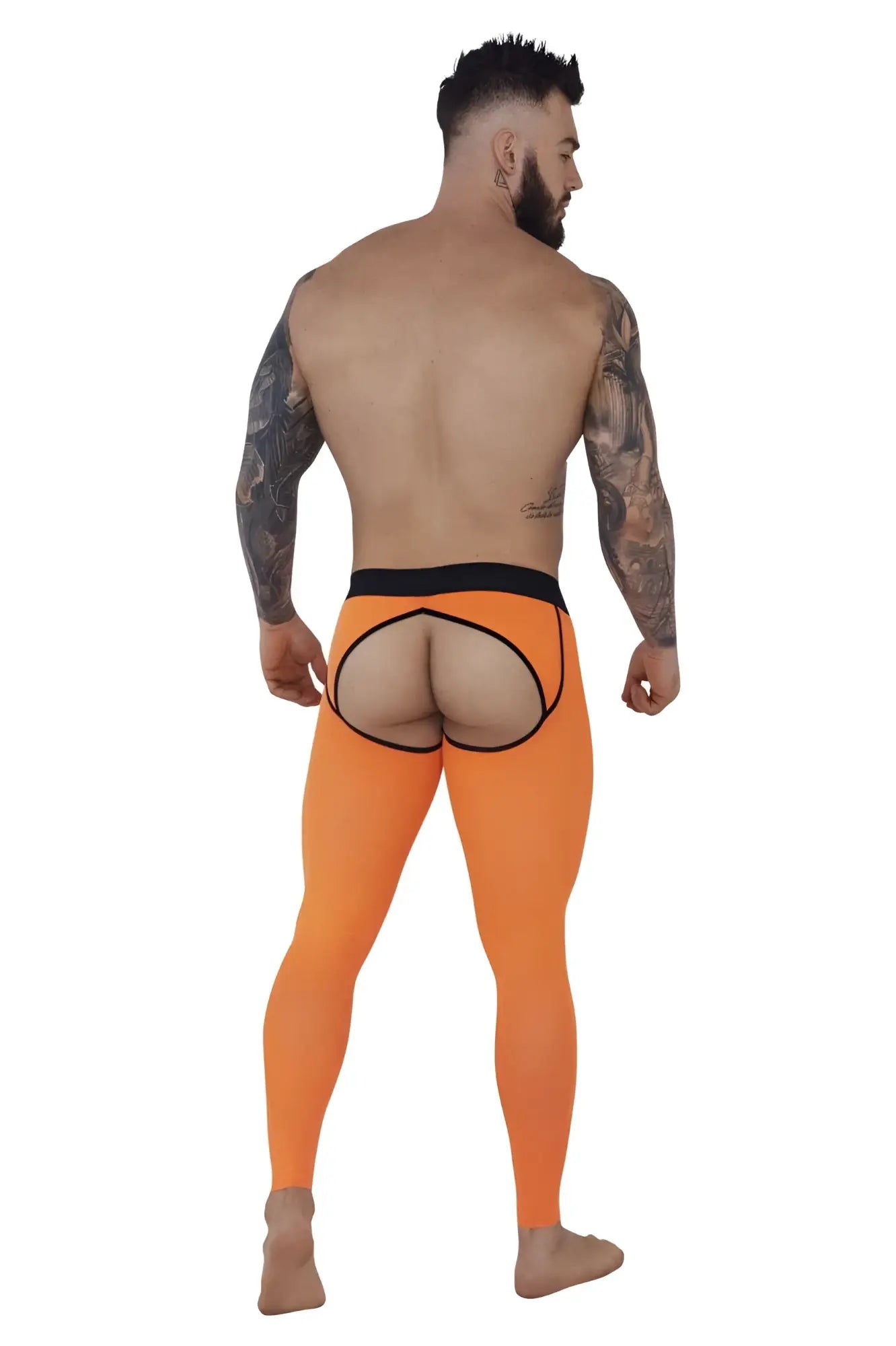 Bright orange Pikante PIK 1271 Sonar athletic pants with black waistband and open-back cutout shown from the back