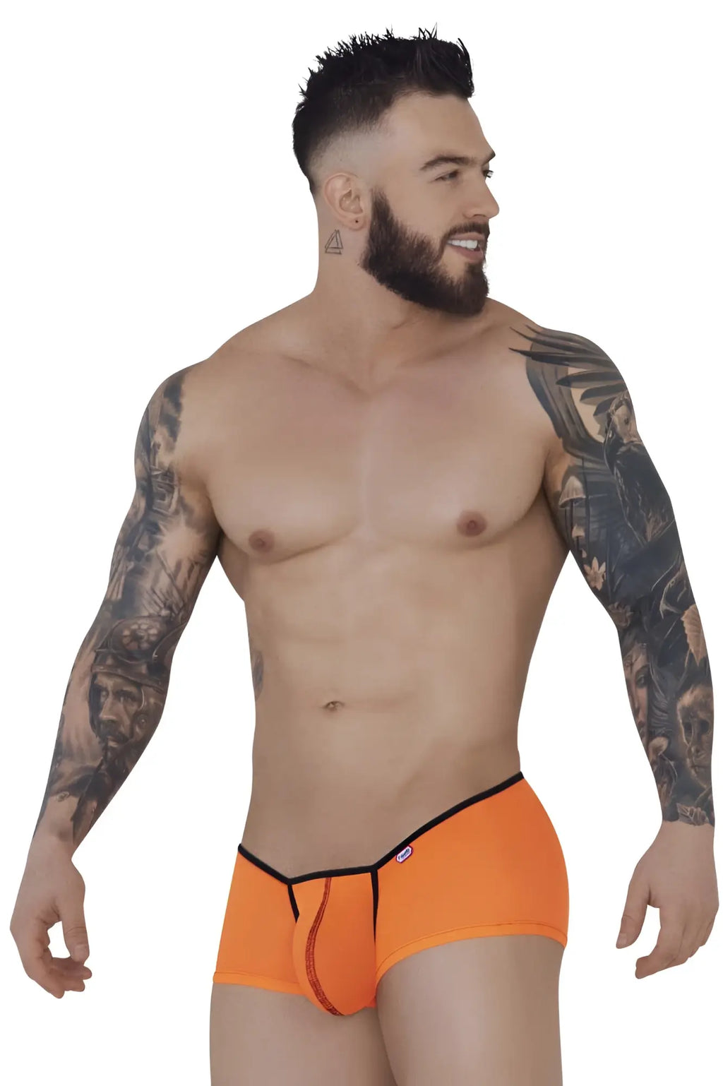 Bright orange Pikante PIK 1273 Sonar trunks briefs with black trim and central zipper detail for bold wear