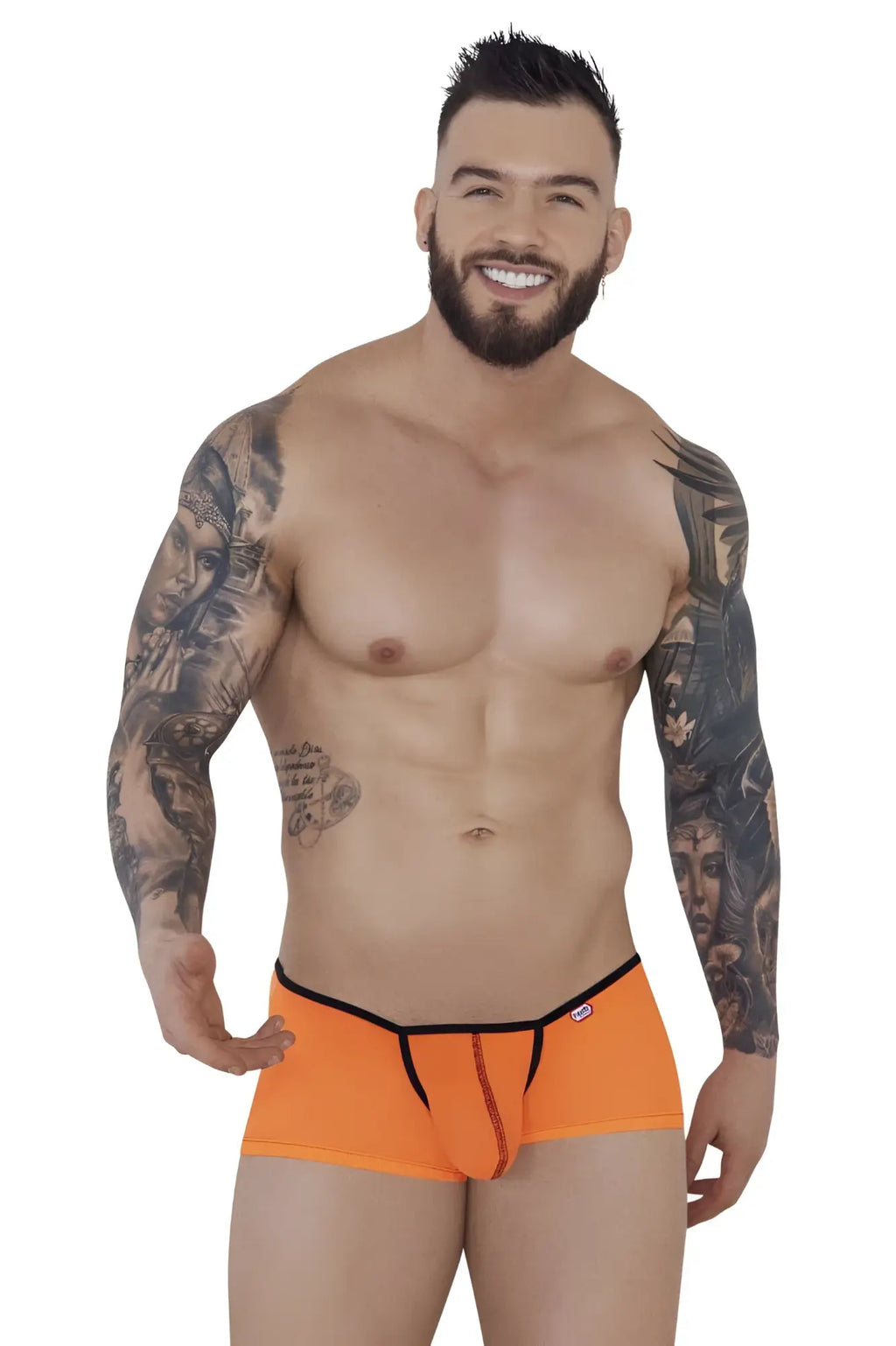 Bright orange Pikante PIK 1273 Sonar trunks with black trim and central zipper detail in briefs style