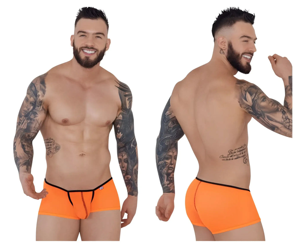 Pikante pik 1273 sonar trunks bright orange briefs with black trim and central zipper detail in front