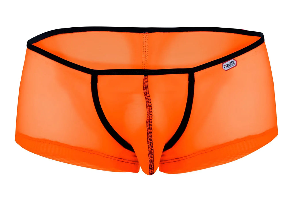 Bright orange mesh briefs with black trim and a pikante brand tag on the waistband from the pikante pik 1273 sonar trunks collection