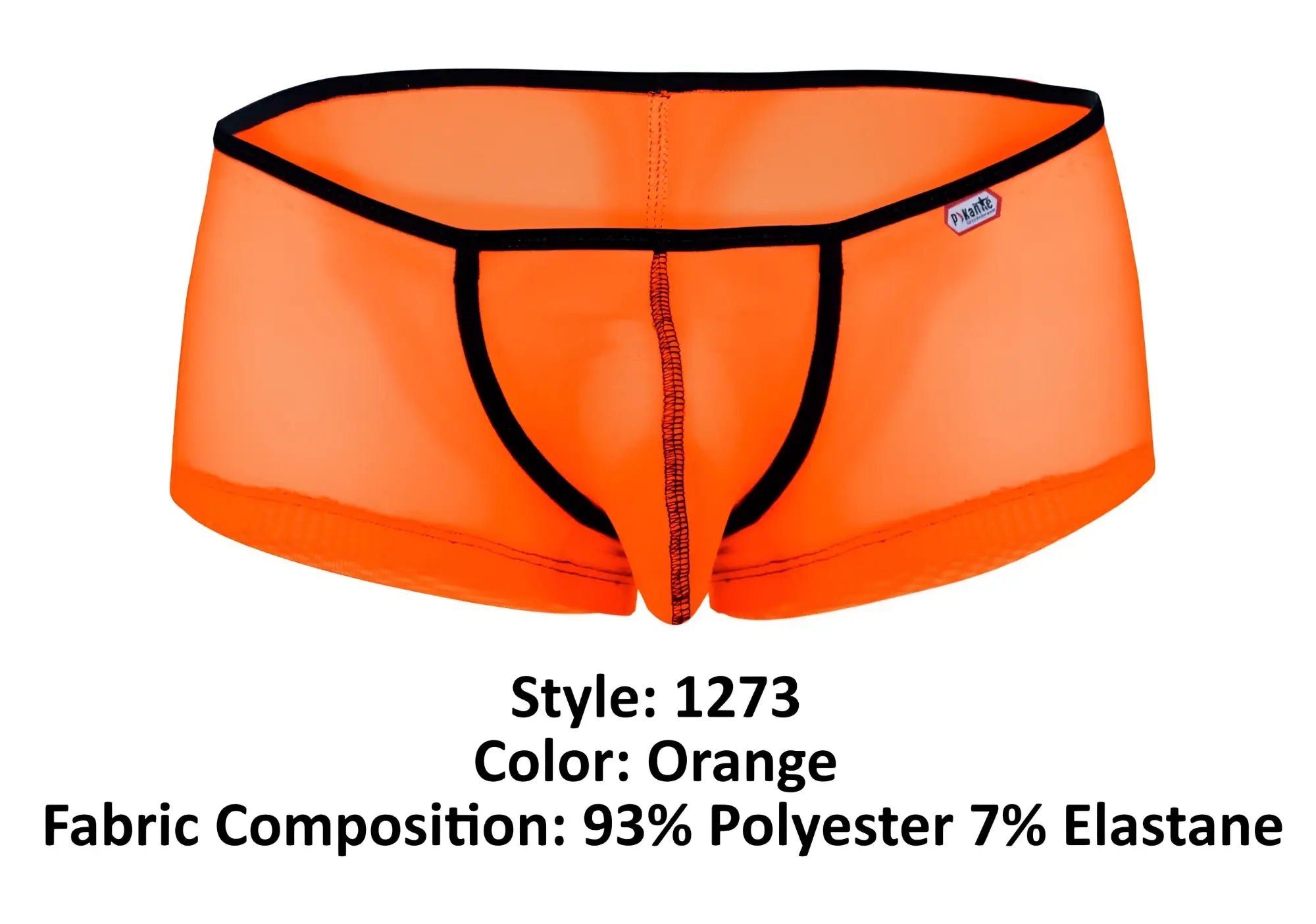 Pikante pik 1273 sonar trunks bright orange sheer briefs with black trim and central seam front view