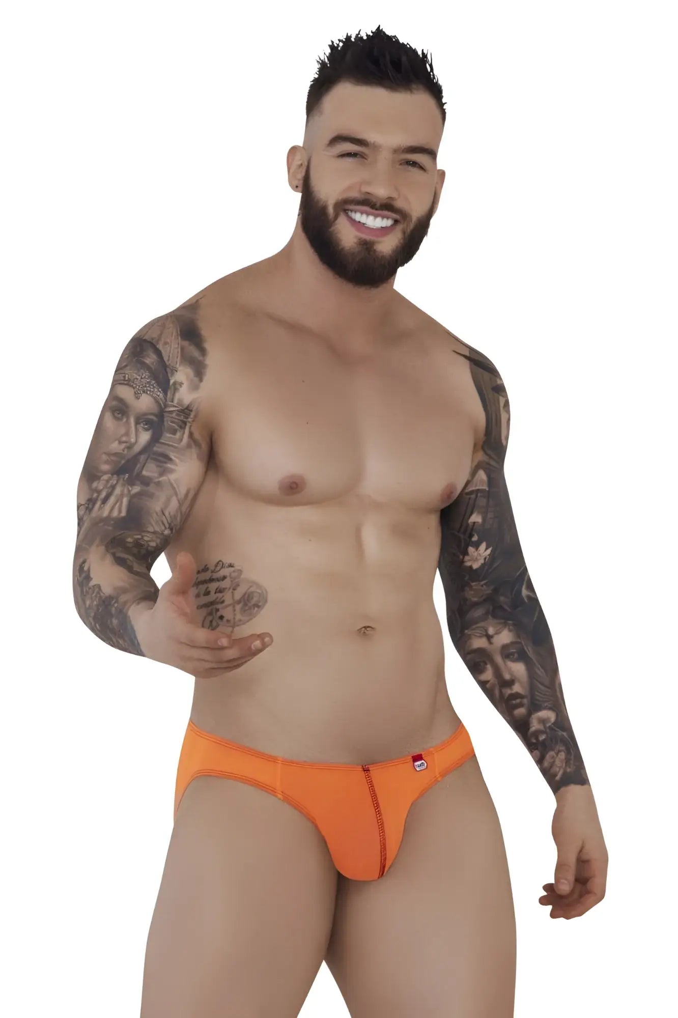 Bright orange Pikante PIK 1277 Sonar briefs with a central zipper and small red logo on the left hip