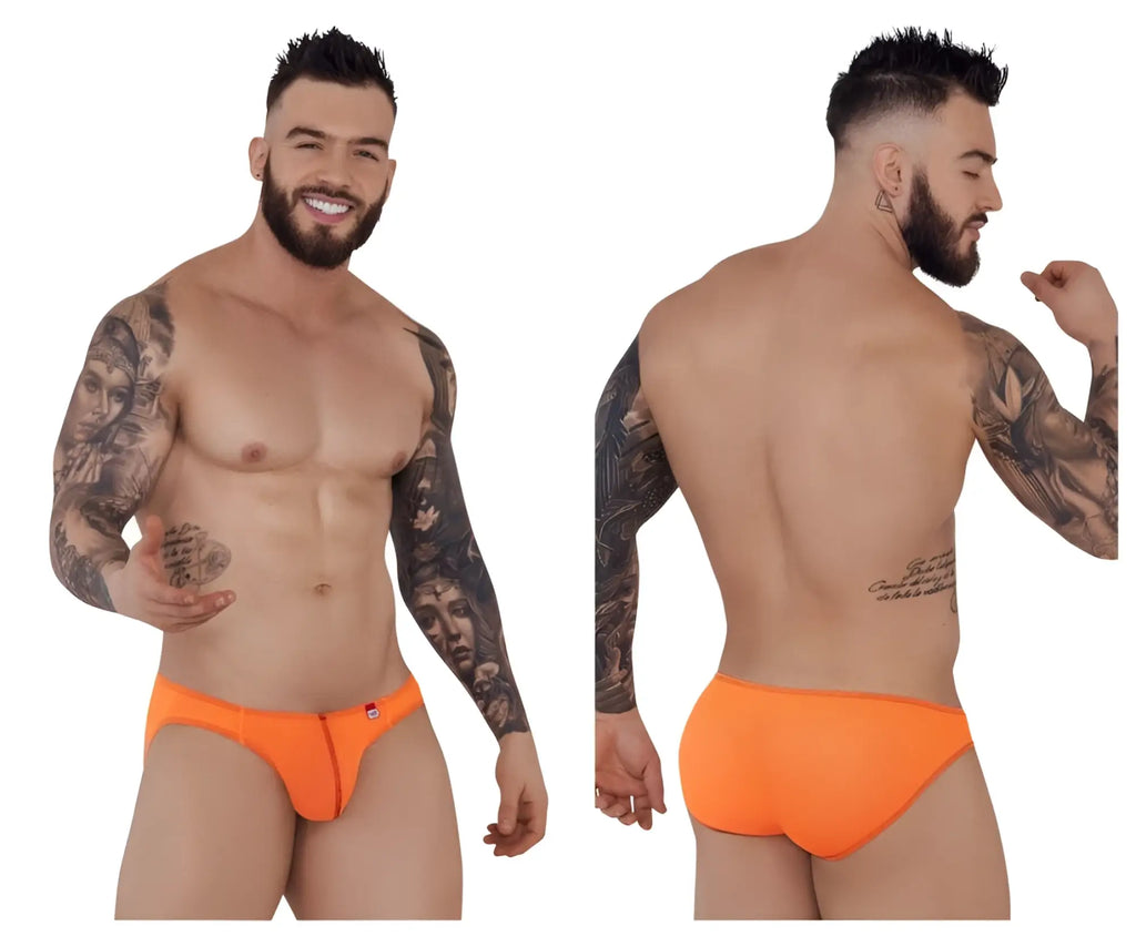 Bright orange Pikante PIK 1277 Sonar briefs for men with a front zipper and red logo on the left hip