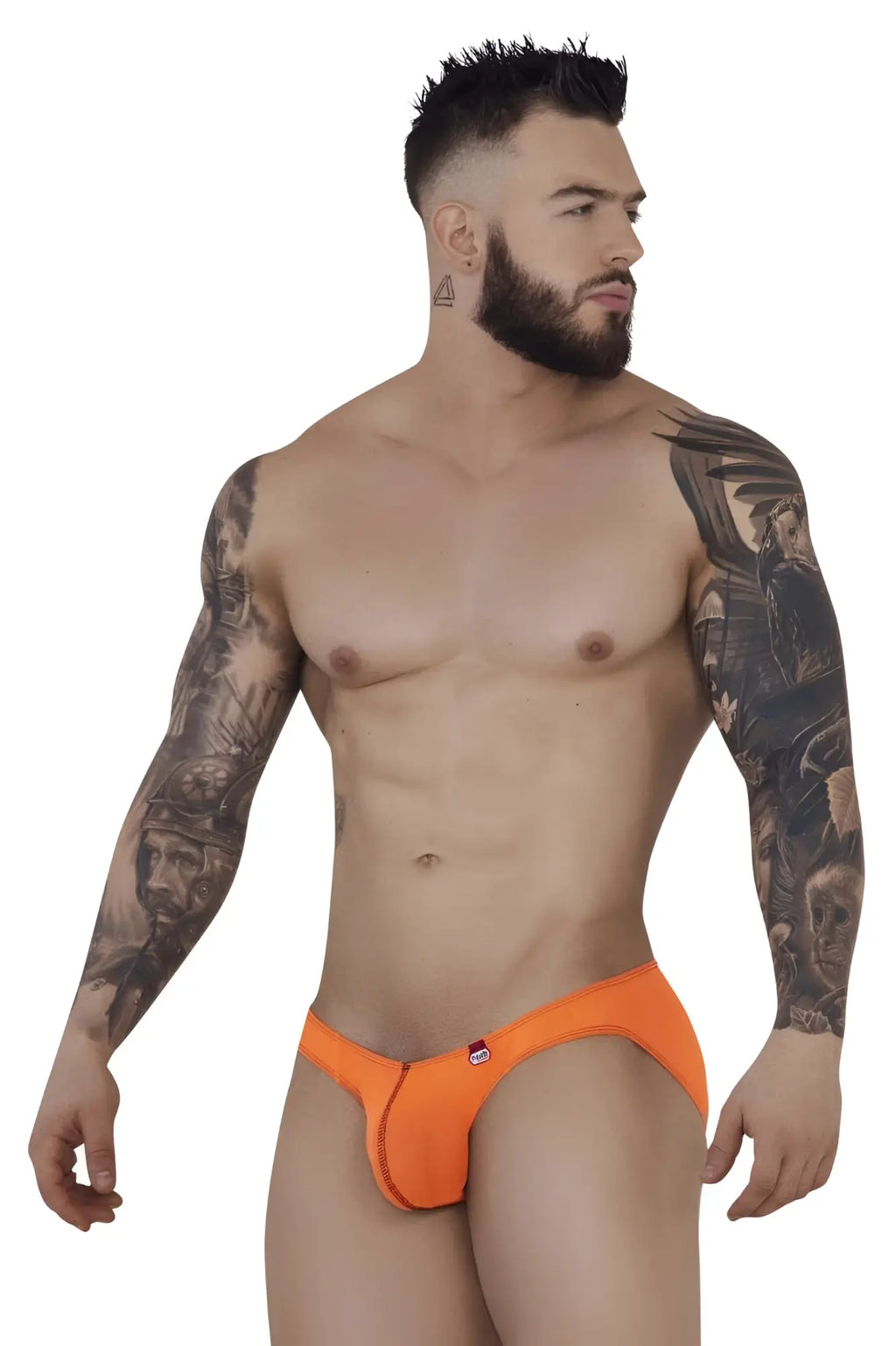 Bright orange form-fitting pikante pik 1277 sonar briefs with a small red logo on the front