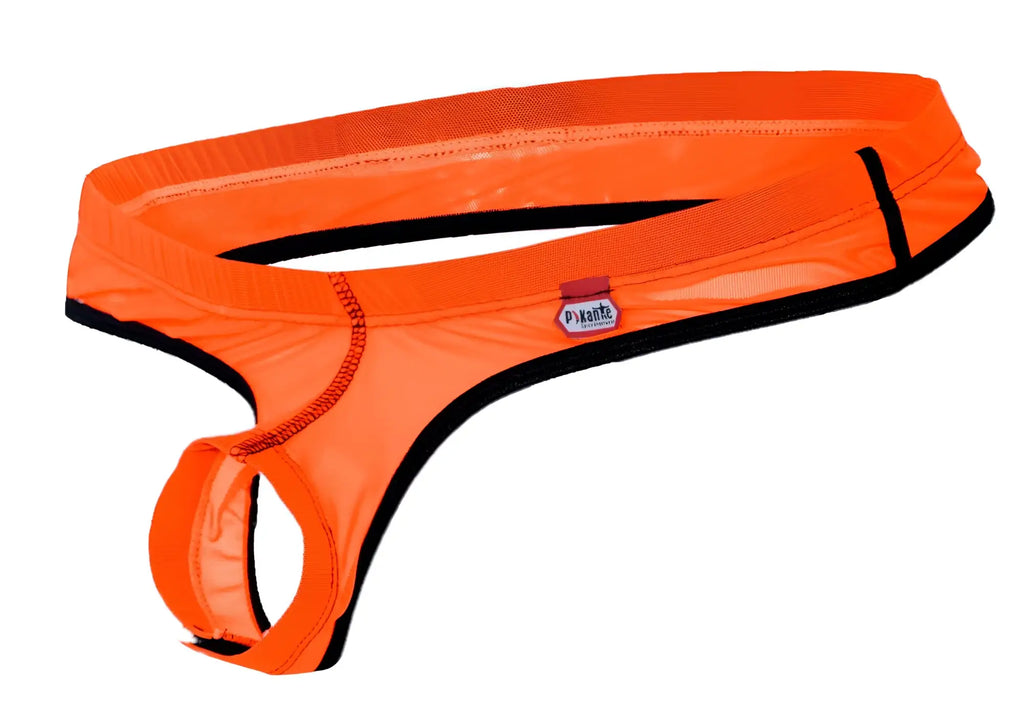 Bright orange pikante piks 1278 sonar ball lifter thong with black trim and mesh panel front view