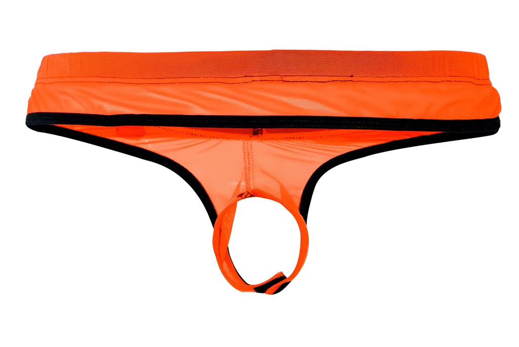 Bright orange high-visibility men’s thong with black trim and front ring pikante pik 1278 sonar ball lifter