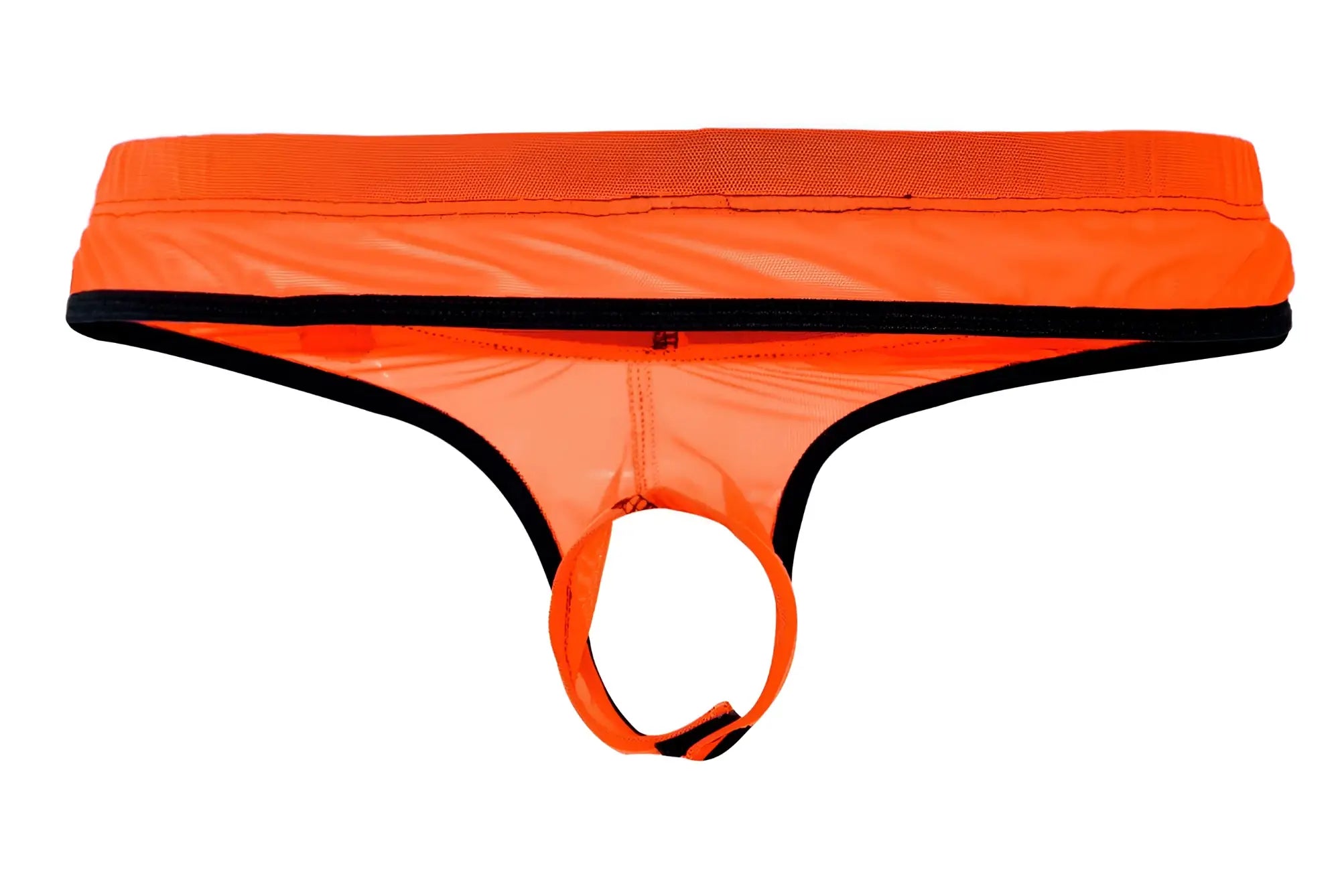 Bright orange high-visibility men’s thong with black trim and front ring pikante pik 1278 sonar ball lifter