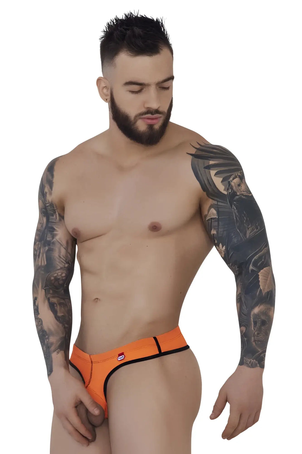 Bright orange pikante PIK 1278 sonar ball lifter men’s briefs with black trim and red waistband logo