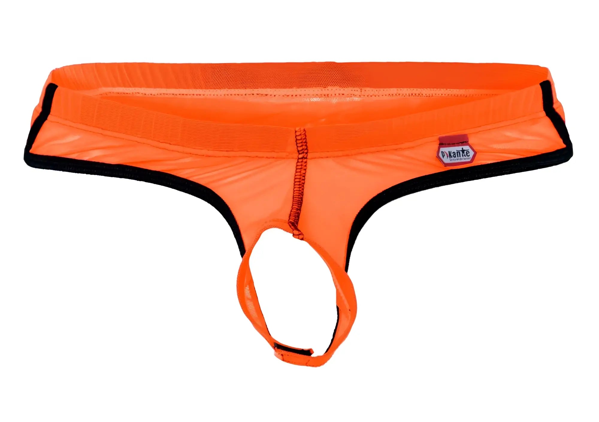 Bright orange mesh thong with black trim and red zipper pull from pikante pIK 1278 sonar ball lifter collection