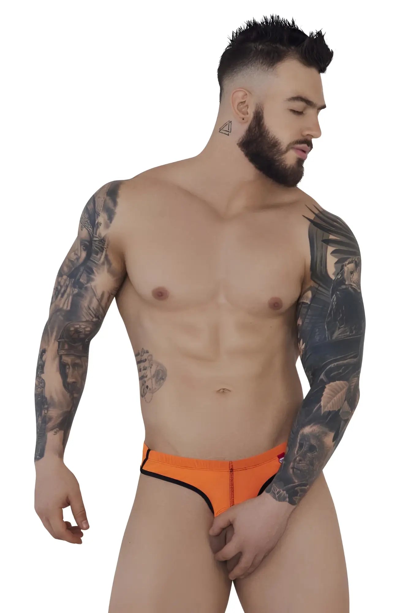 Orange swim trunks pikante pik 1278 sonar ball lifter with black trim and front zipper for comfortable fit