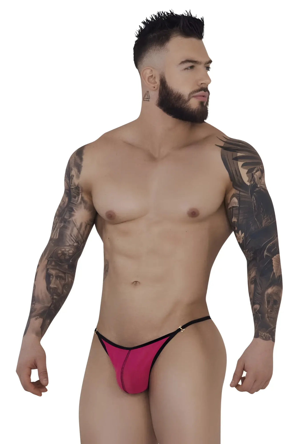 Bright pink fuchsia Pikante PIK 1279 Sonar thong with black trim and gold-tone clasp shown from the back side