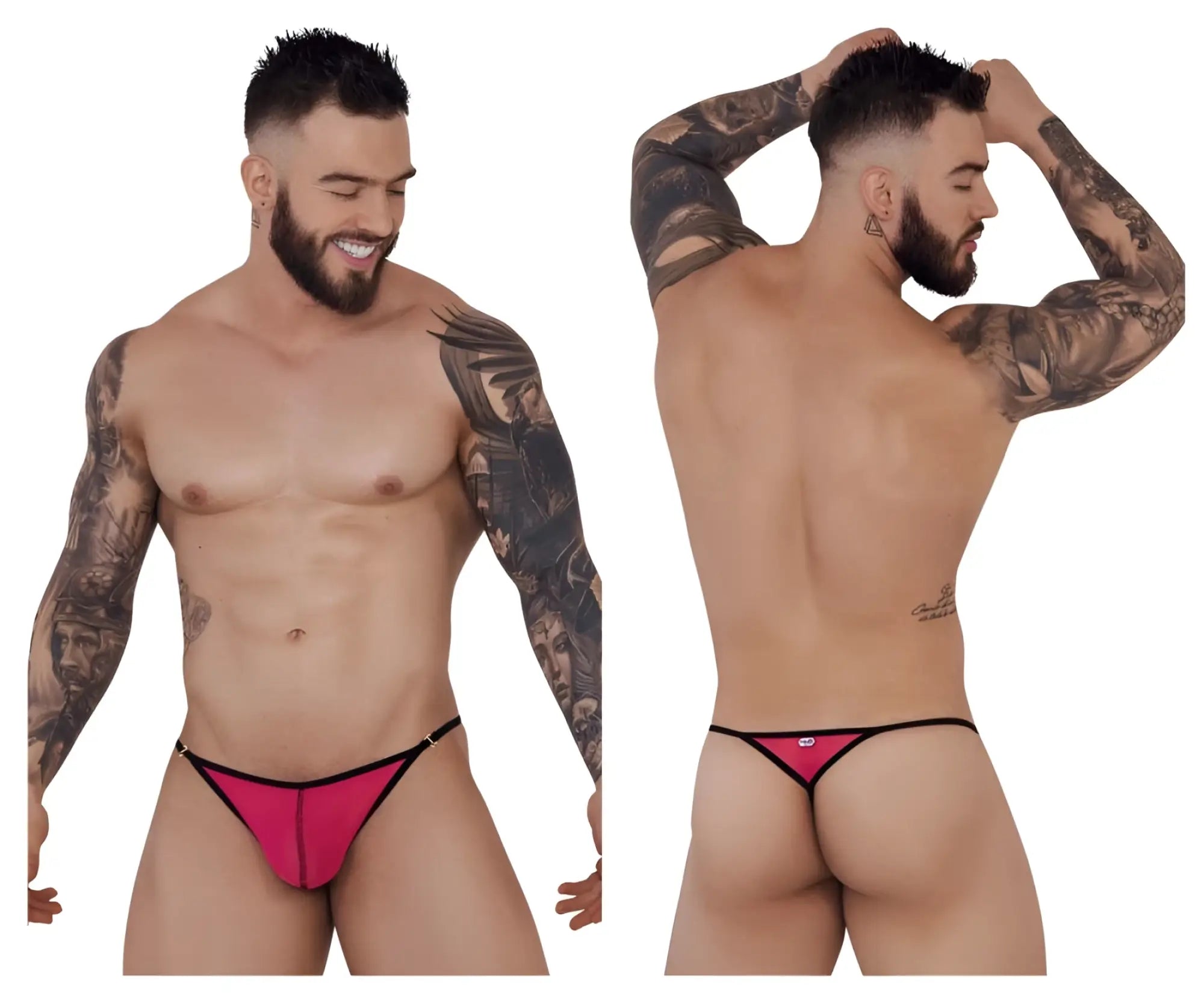 Bright pink fuchsia pikante PIK 1279 sonar thong with black trim and small logo shown from the back side
