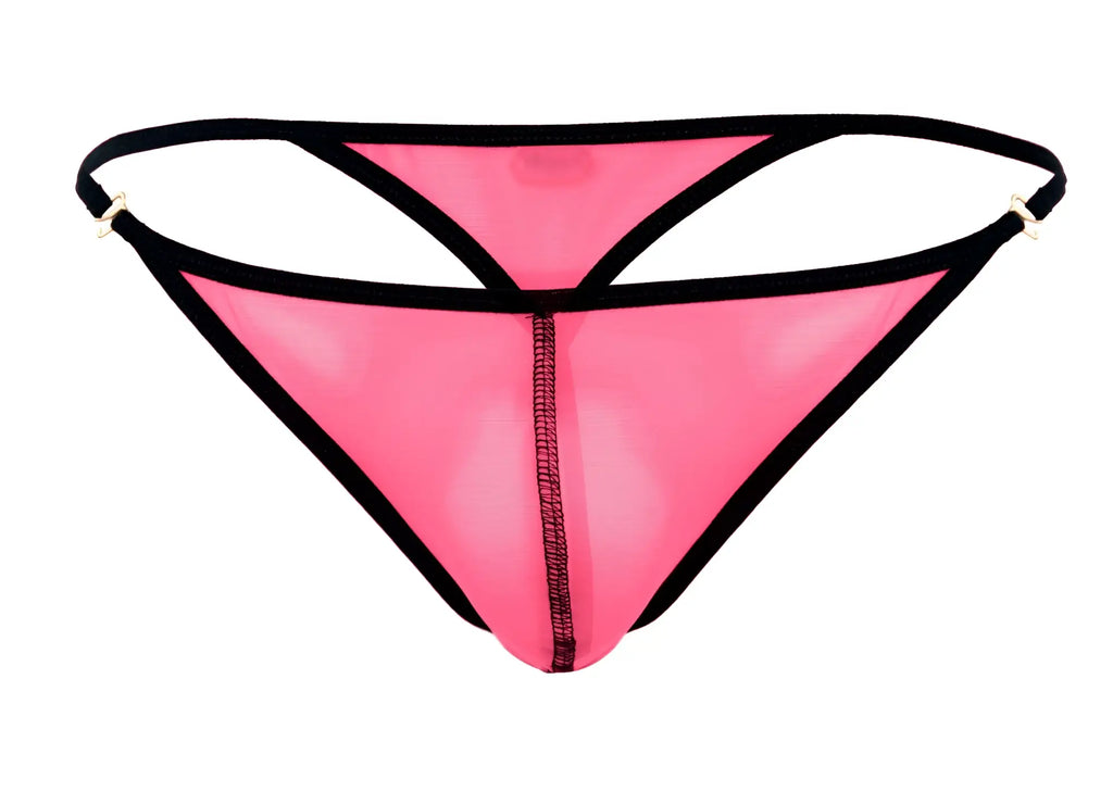Pink mesh thong with black trim and central zipper from pikante pik 1279 sonar thongs color fuchsia