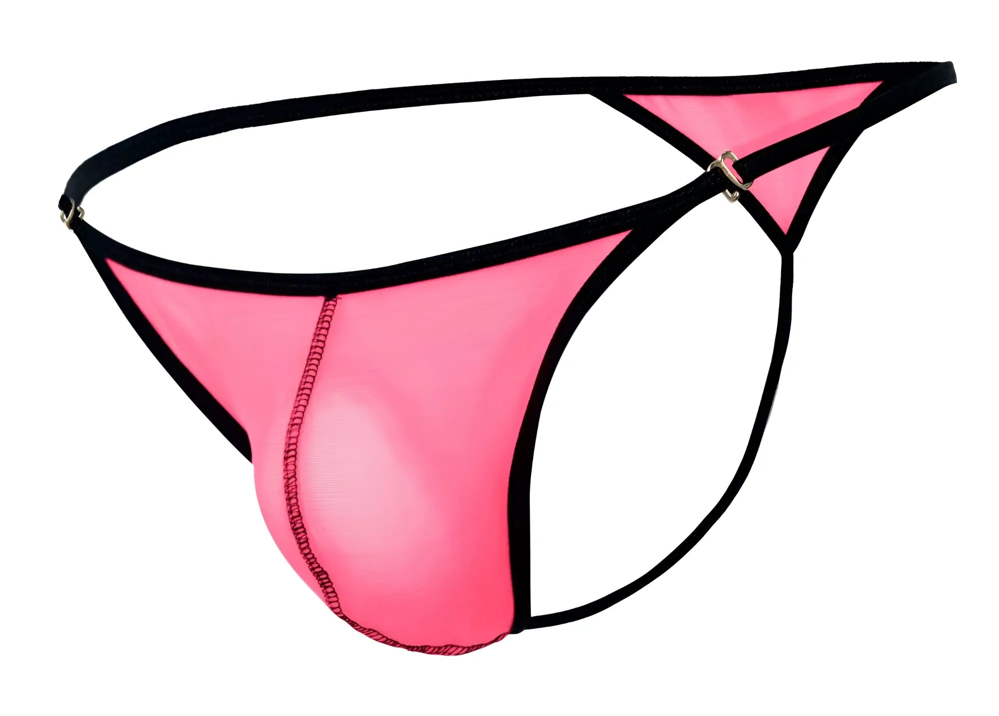 Pikante pik 1279 sonar thongs in fuchsia pink mesh with black trim and a metallic buckle front view