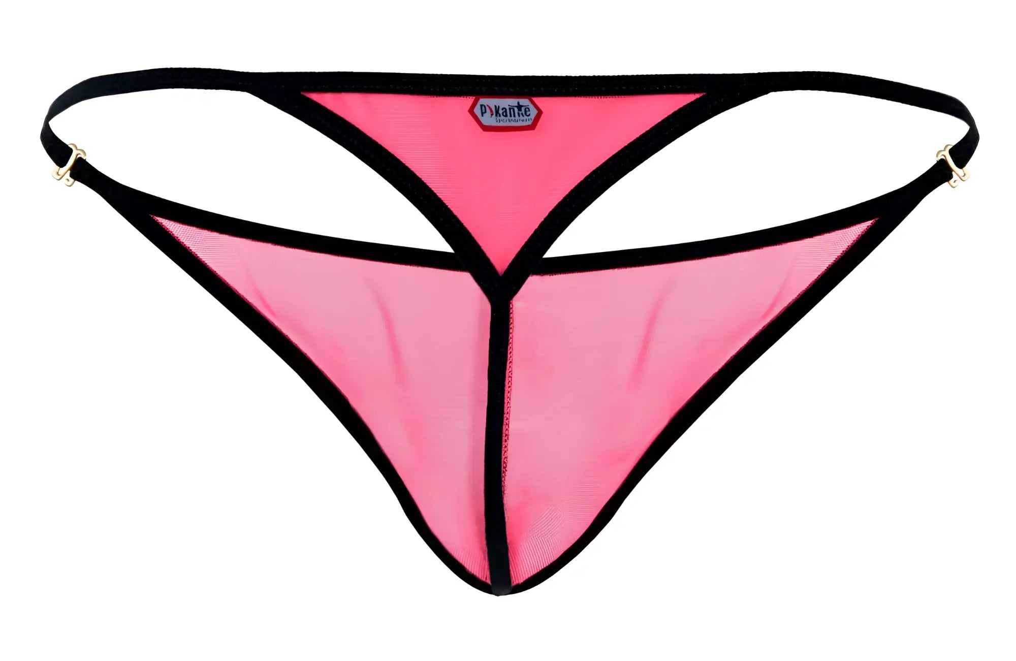 Pink mesh thong with black trim and metallic clasps from Pikante PIK 1279 Sonar Thongs color fuchsia