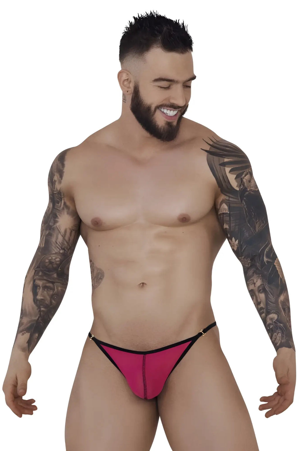 Vibrant pink pikante pik 1279 sonar thong with black trim and metallic hardware showing front view