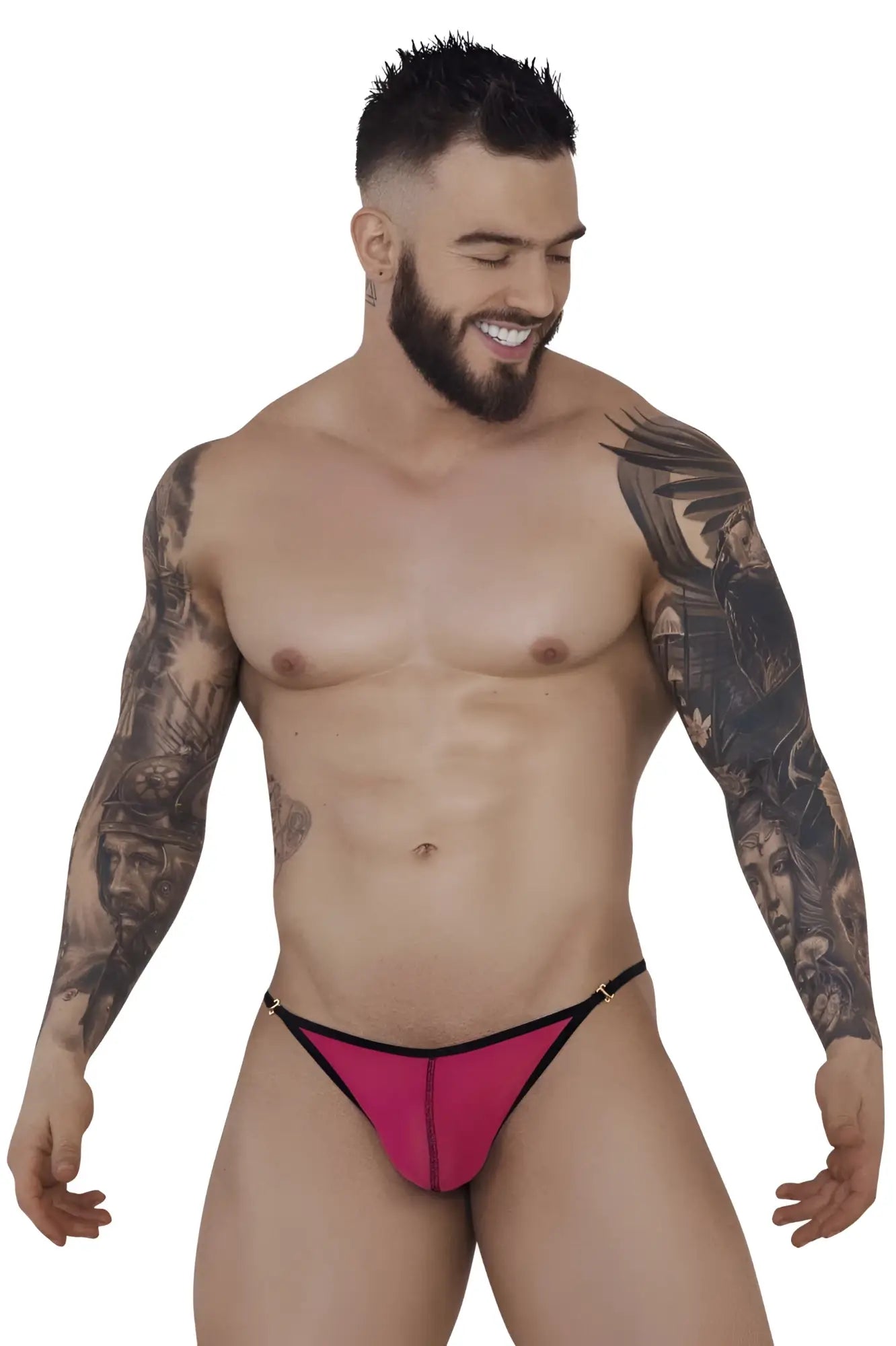 Vibrant pink pikante pik 1279 sonar thong with black trim and metallic hardware showing front view
