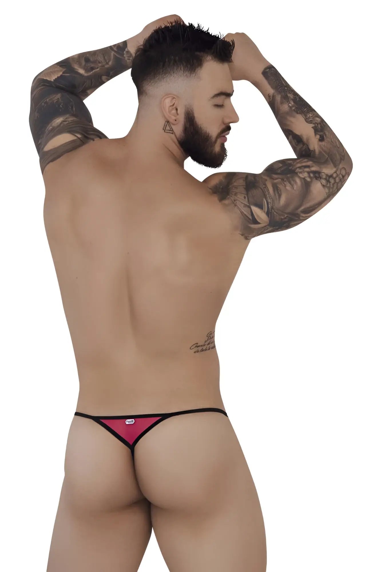 A vibrant pink Pikante PIK 1279 Sonar thong with black trim and adjustable waistband shown from the back