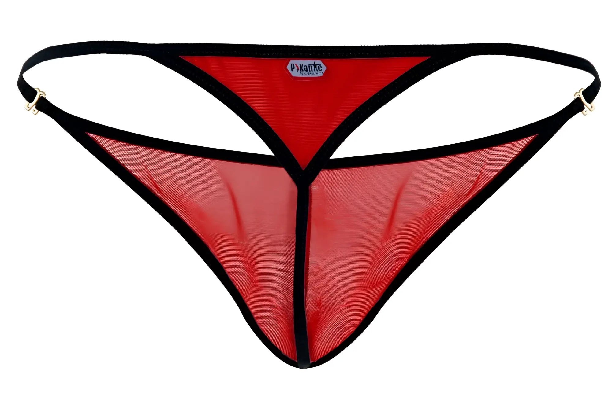Red mesh thong with black trim and adjustable straps from pikante PIK 1279 sonar thongs in red color front view