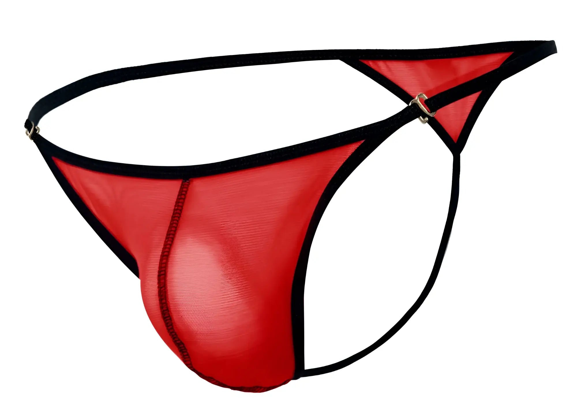 Red mesh thong with black trim and metallic clasp from pikante pik 1279 sonar thongs collection in red
