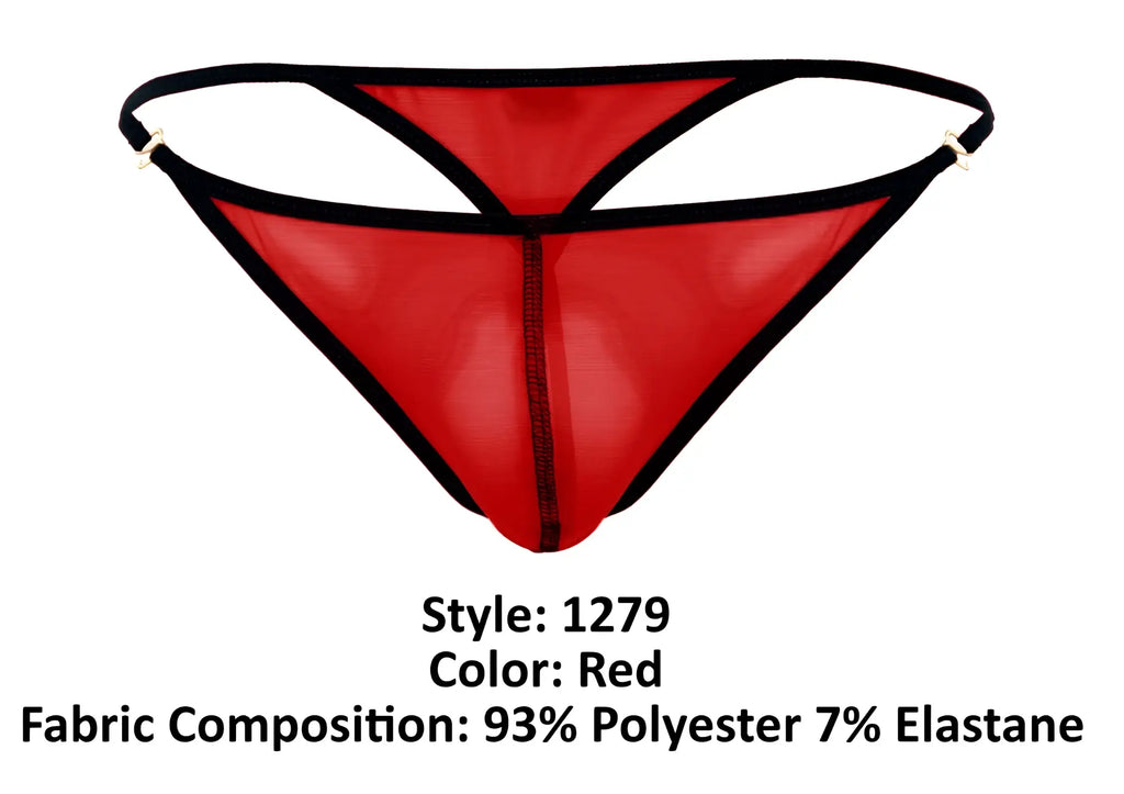 Pikante PIK 1279 Sonar thong in red sheer mesh with black trim and central front seam for a bold look