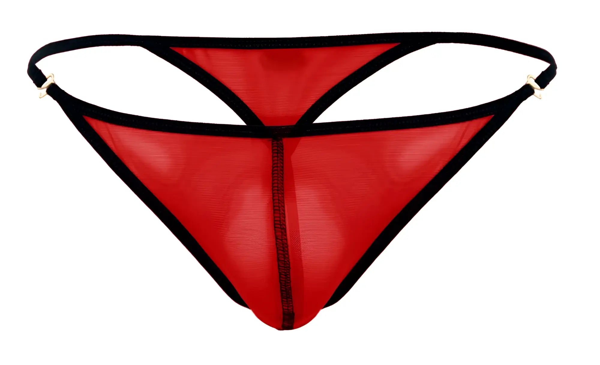 Red sheer mesh thong with black trim and metallic clasps from Pikante PIK 1279 Sonar thongs collection