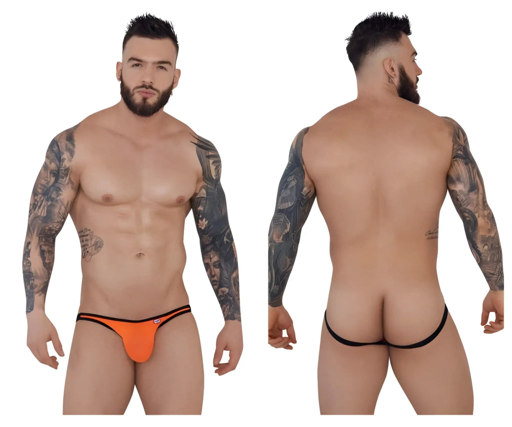 Orange and black low-rise thong jockstrap by pikante with mesh material and sporty design front view